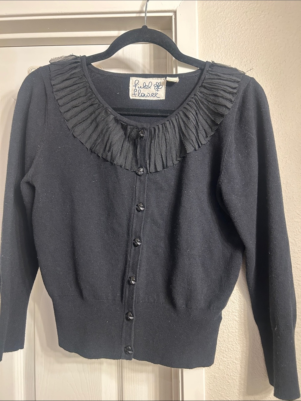 Anthropologie-Field Flower Black Ruffle-Neck Button Front Cardigan